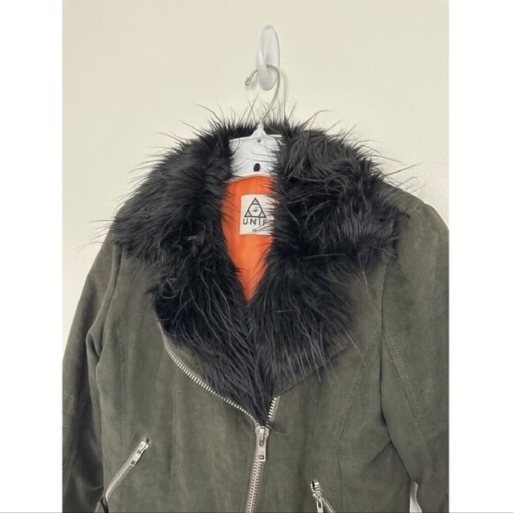 UNIF Berlin Fur Trim Amelia Bomber Jacket Suede Green Zip Orange Lined XS - Picture 3 of 8